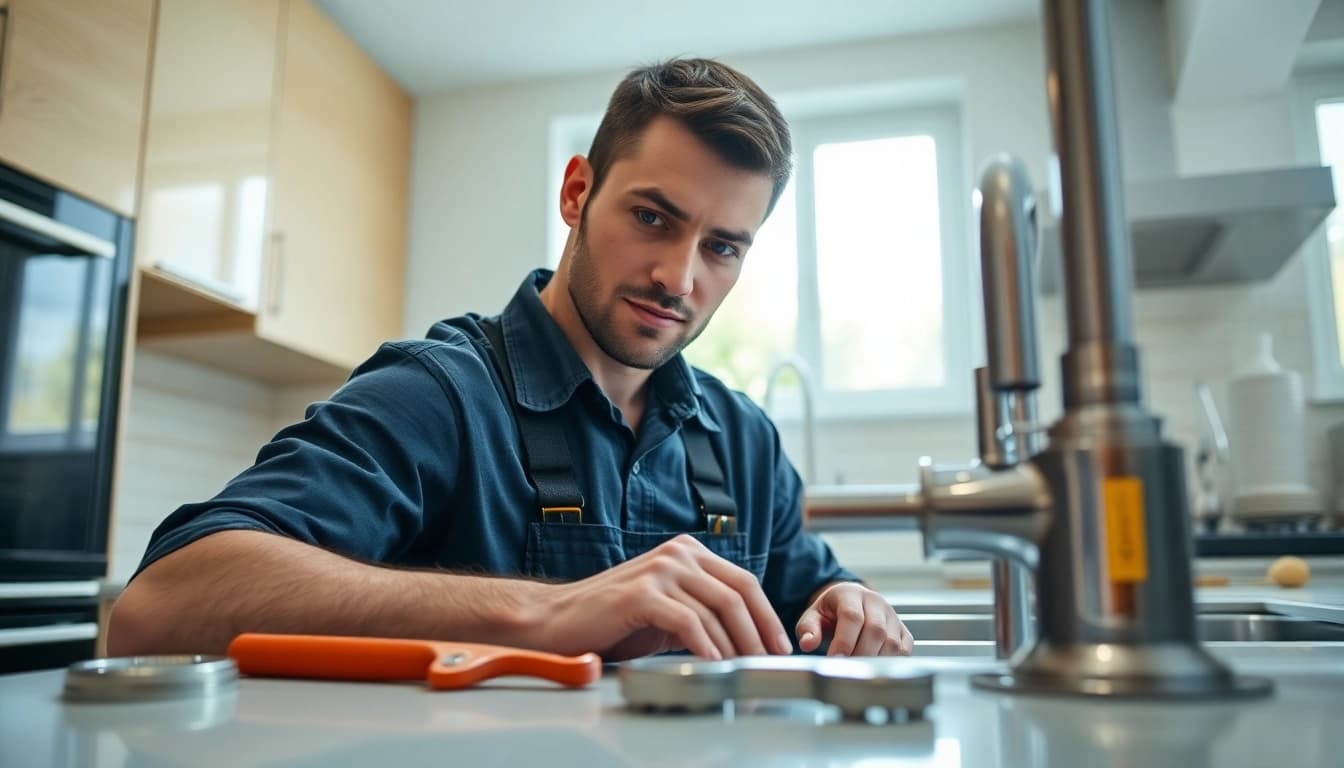 Skilled plumber north shore working in a bright, modern kitchen.