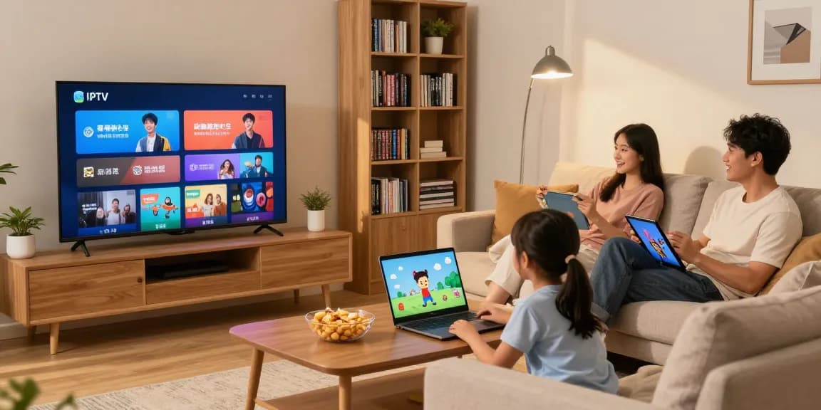 Profitez du meilleur IPTV Canada avec une famille regardant leurs chaînes préférées dans un salon moderne.