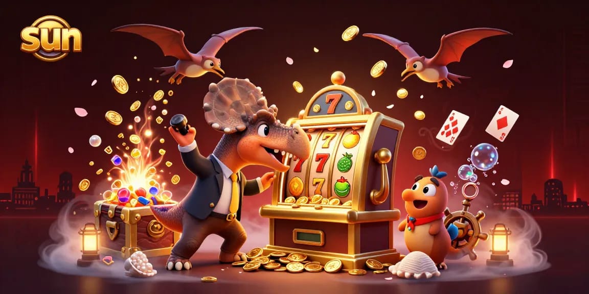Watch the sun-filled scene of a pachycephalosaurus winning coins at a golden slot machine alongside friends.