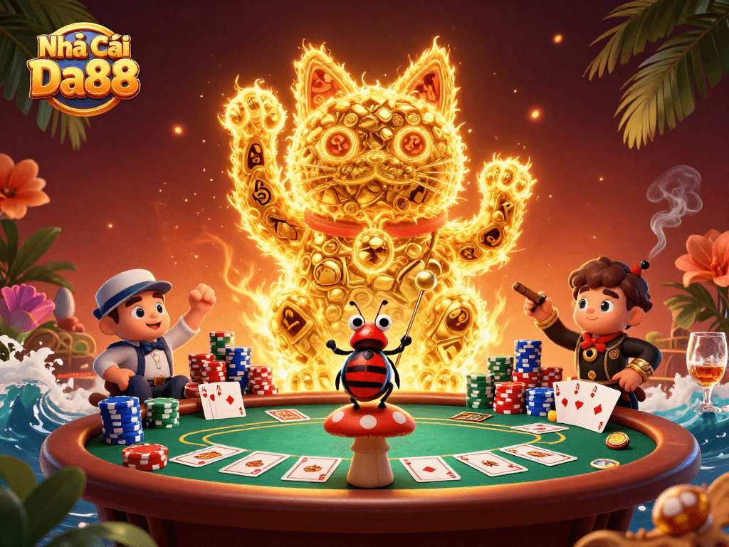 Experience the thrill at Nhà Cái Da88 with a vibrant lucky cat scene filled with casino excitement.