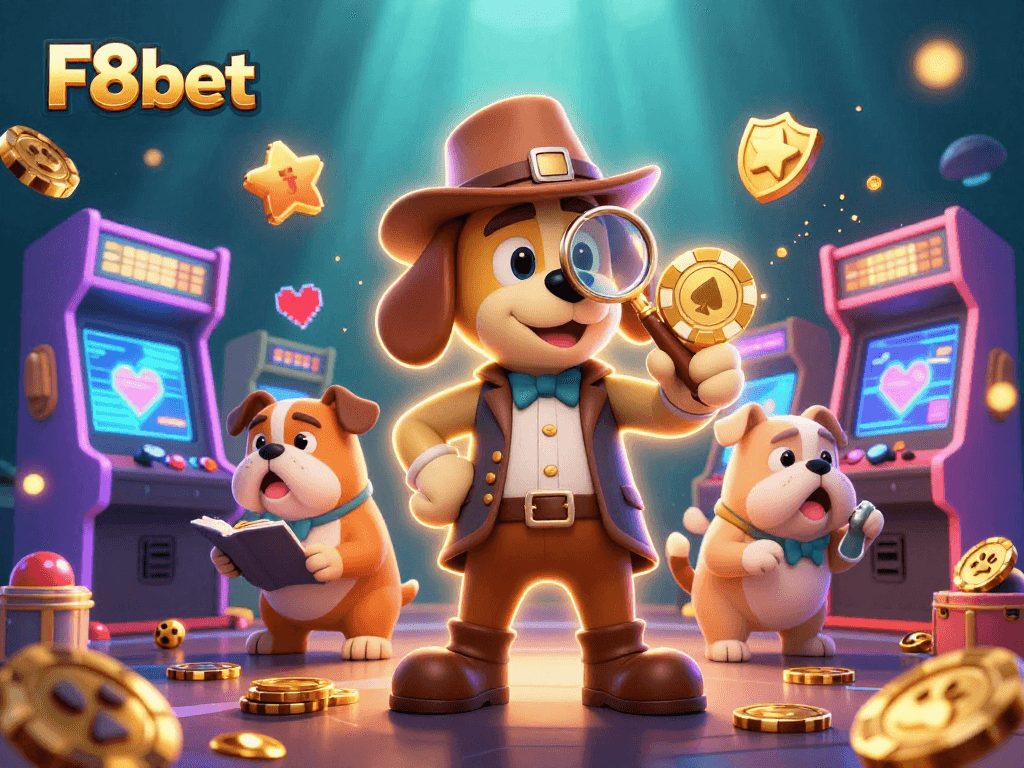 Join F8bet's gaming action as the detective investigates a golden poker chip clue with vibrant arcade machines!