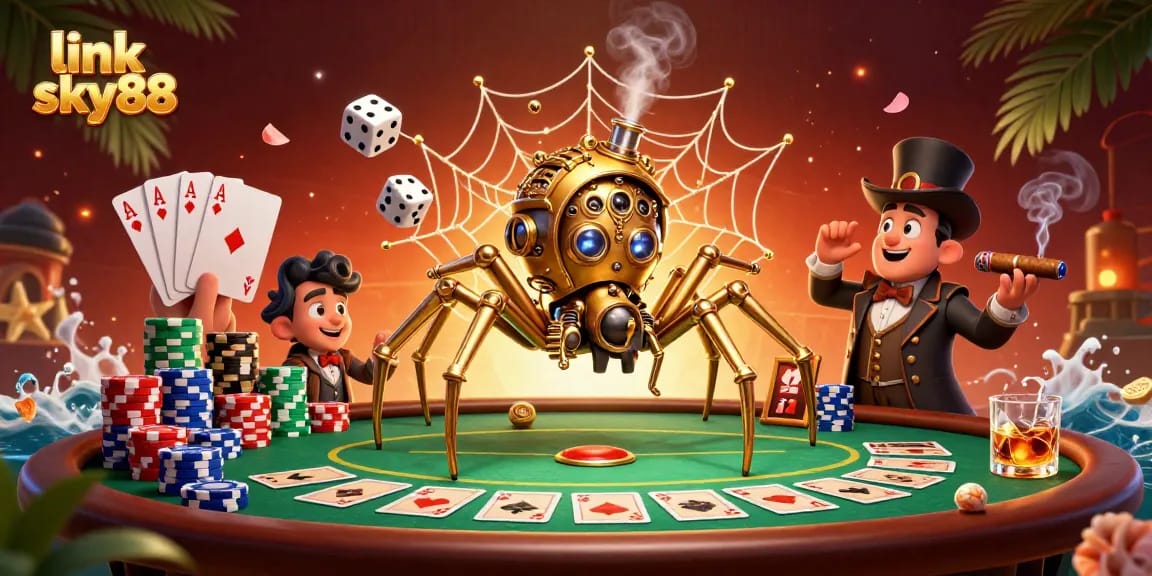 Catch the excitement of online gaming with link sky88, featuring a steampunk spider at a poker table.