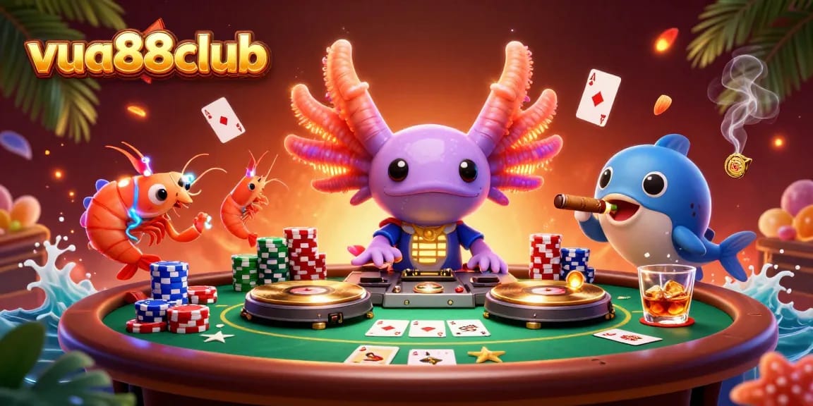 Catch the action at vua88club, featuring a vibrant 3D scene with a DJ axolotl and poker elements.