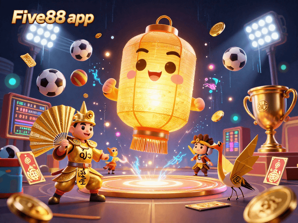 Engage in thrilling games on the Five88 app with dynamic sports elements and a vibrant backdrop.