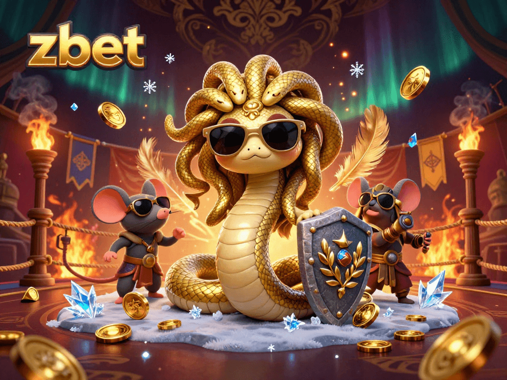 Zbet showcases a friendly Medusa and a warrior mouse in a vibrant betting arena scene.
