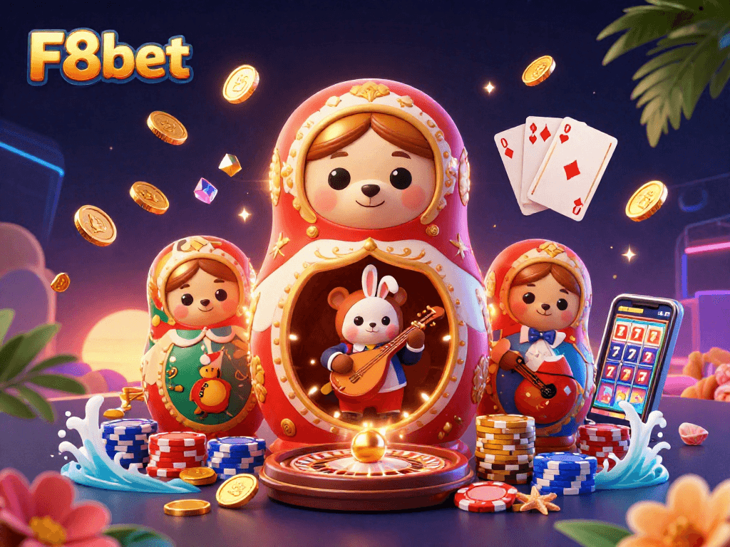 Experience thrilling gameplay with F8bet's vibrant 3D casino scene filled with excitement and winnings.
