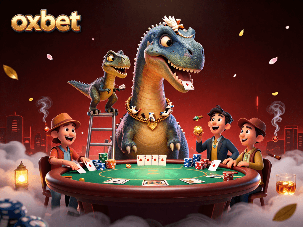 Engage with oxbet at a lively poker scene featuring a towering brontosaurus and clever raptor.