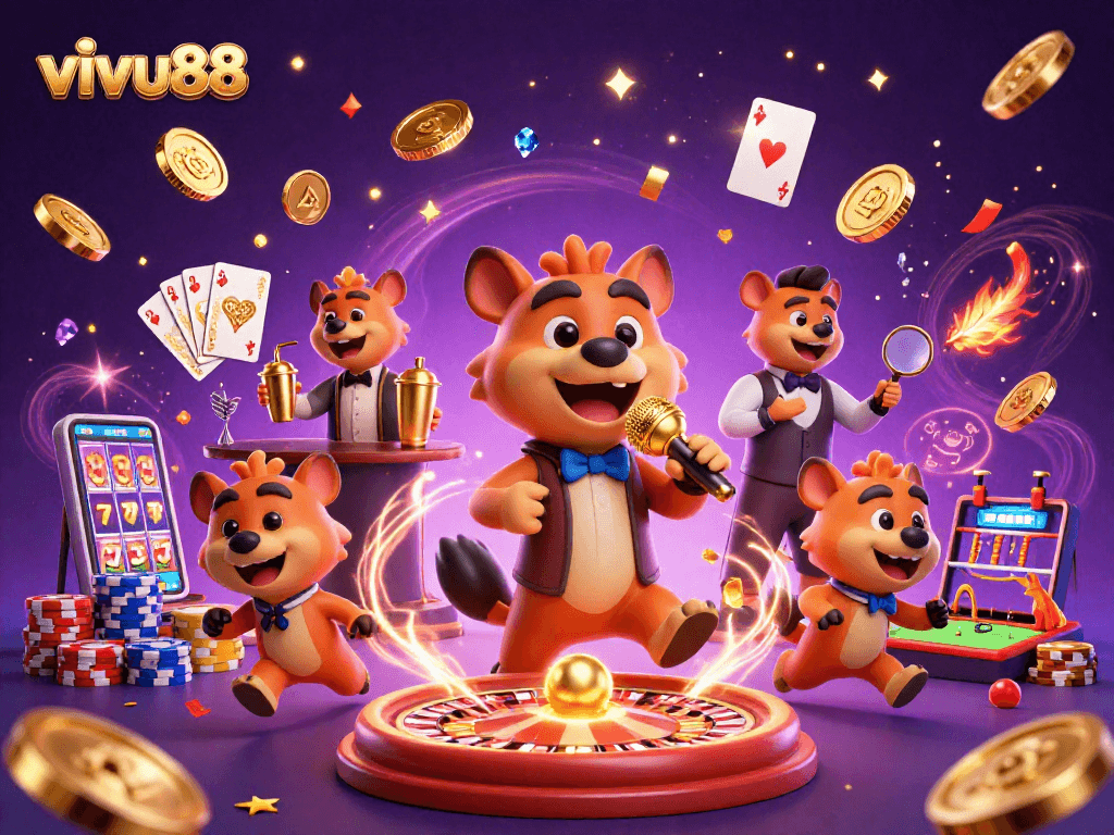 Experience thrilling action at vivu88 with hyenas in a vibrant casino scene featuring sparkling gems and golden coins.