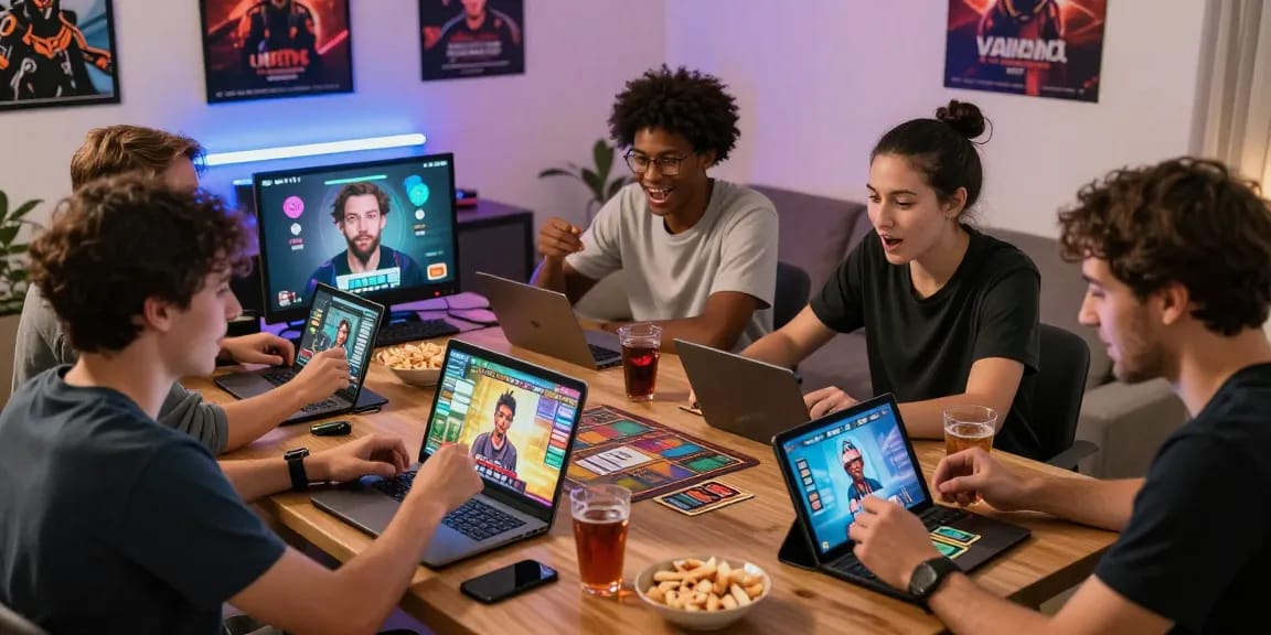 Friends enjoying a lively game night with rikvip on their devices and snacks.