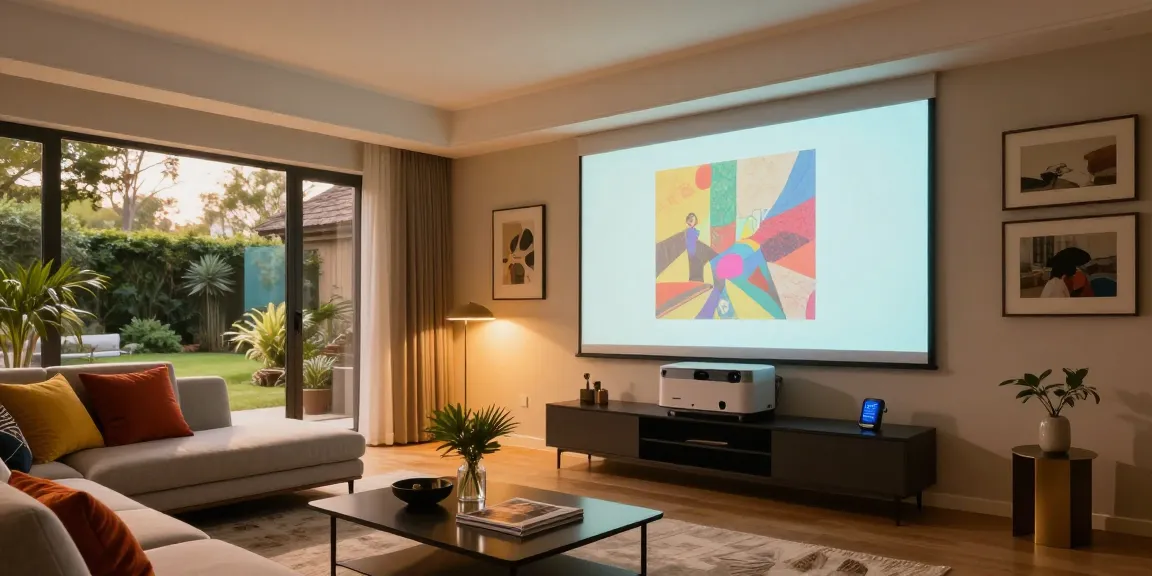 Proiector LED modern iluminând o cameră de zi elegantă cu atmosferă primitoare.