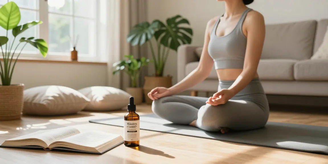 Ministry of Cannabis CBD oil bottle in serene yoga scene, promoting natural wellness and mindfulness.