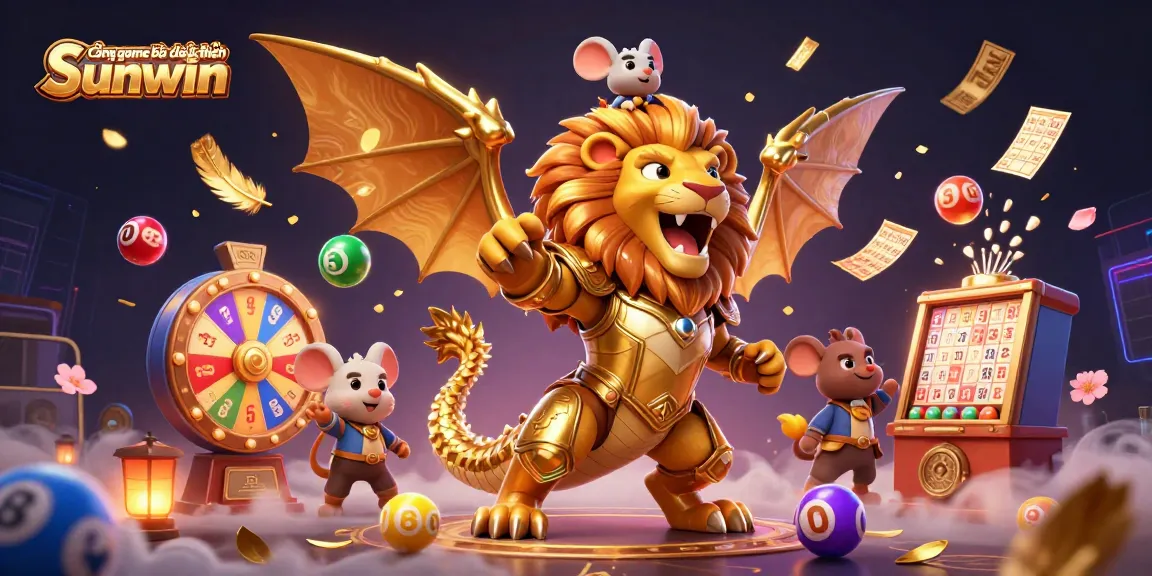 Experience the excitement of Cổng game bài đổi thưởng Sunwin with vibrant lottery elements and a roaring chimera.