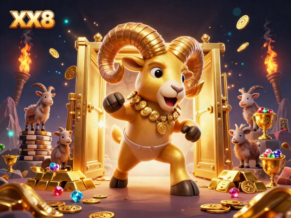 Join the exhilarating gameplay of XX8 as our golden ram charges through a colorful casino vault bursting with treasures.