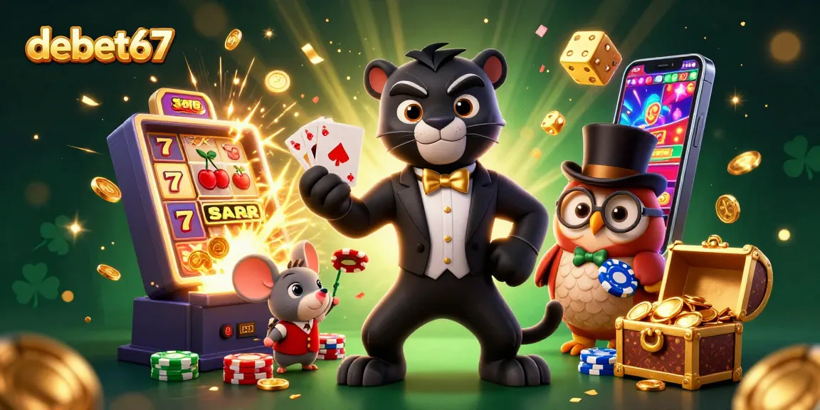 Experience thrilling wins with debet67 in a vibrant 3D casino scene filled with champions and luck.