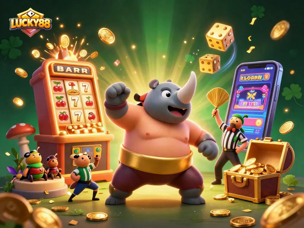 LUCKY88 slot game comes alive with a dynamic scene of playful characters and exciting jackpot elements.