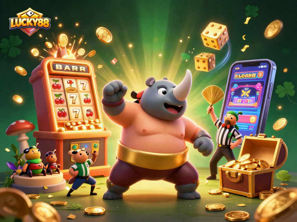 LUCKY88 slot game comes alive with a dynamic scene of playful characters and exciting jackpot elements.