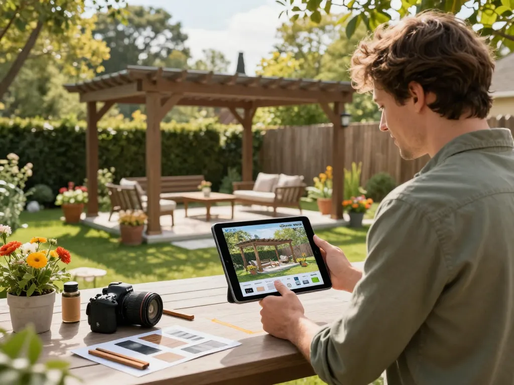 Homeowner using the 3D Pergola Configurator to design a personalized outdoor living space.