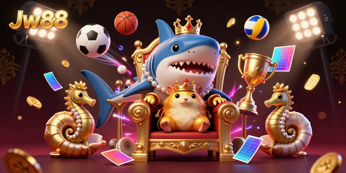 Experience Jw88 with a fierce golden hamster king and immersive casino elements in a dynamic illustration.
