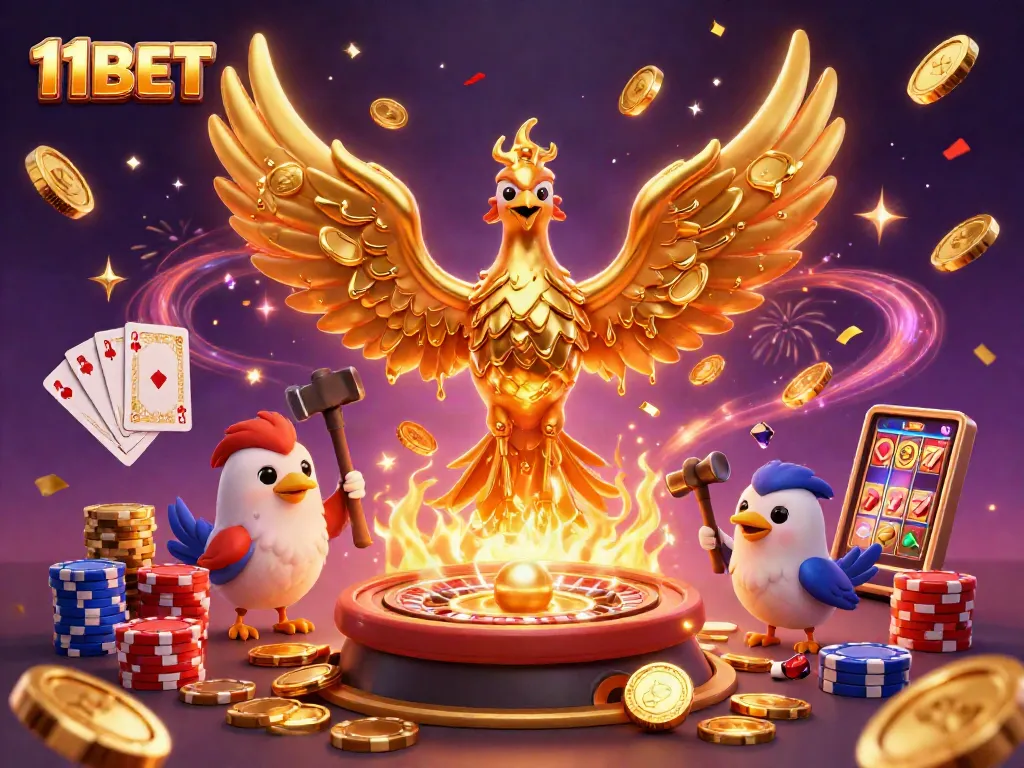 Engage with thrilling games at 11BET, featuring a dynamic 3D illustration of a golden phoenix and casino elements.