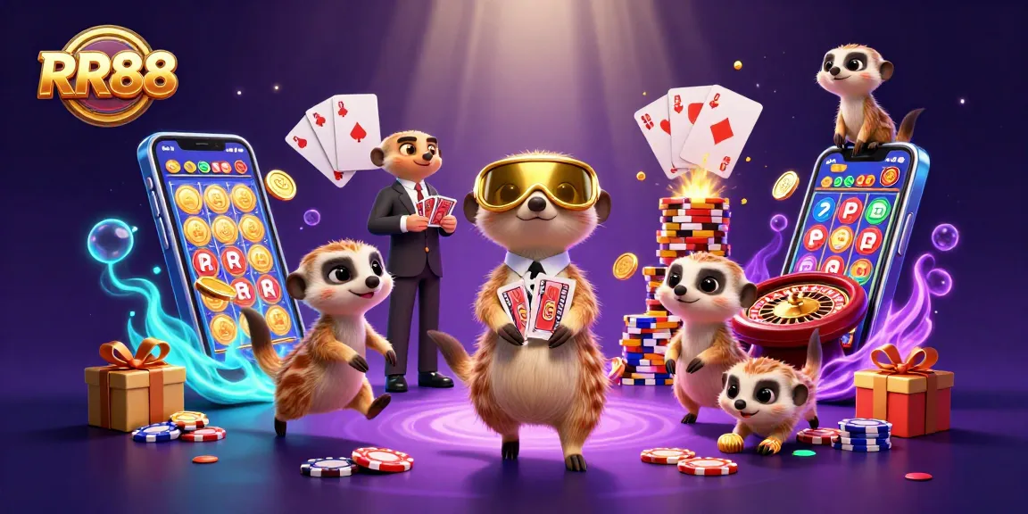 Experience excitement at RR88 with meerkats engaging in thrilling casino games and vibrant action.