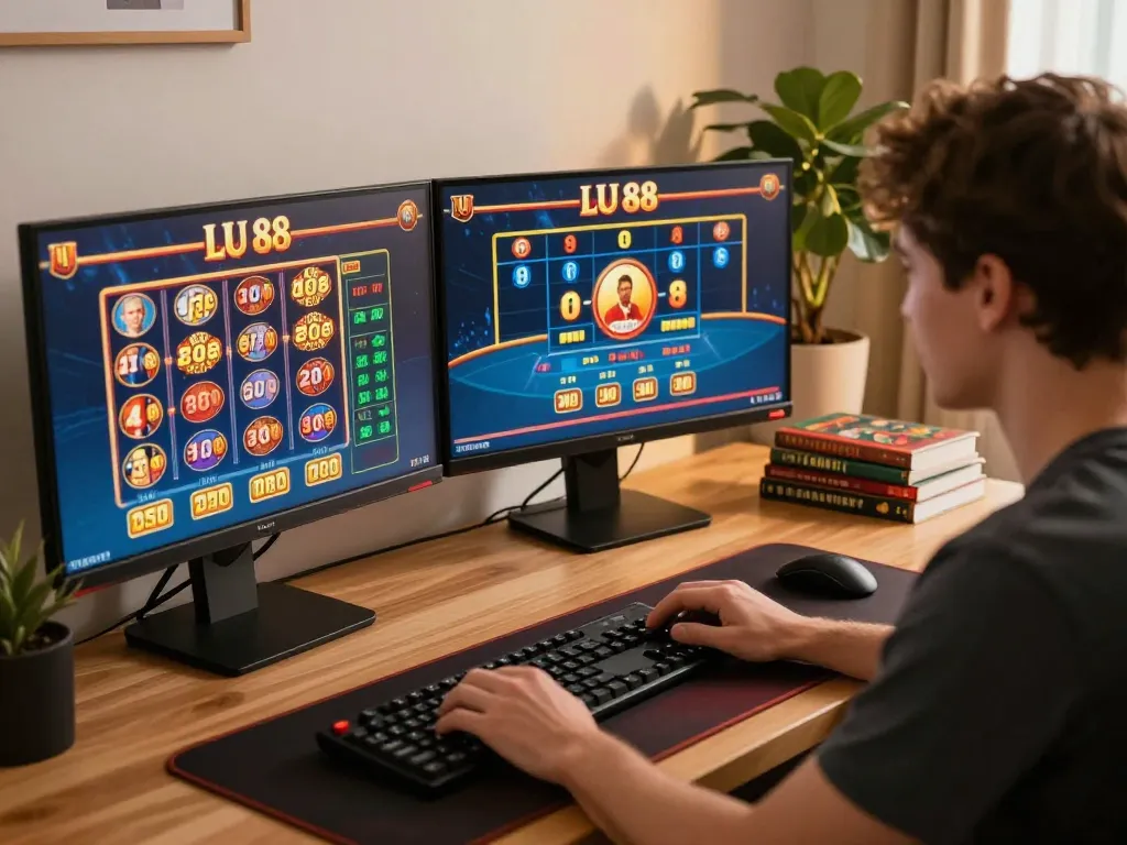 Player enjoying LU 88 online casino games with excitement and strategy in a cozy home setup.