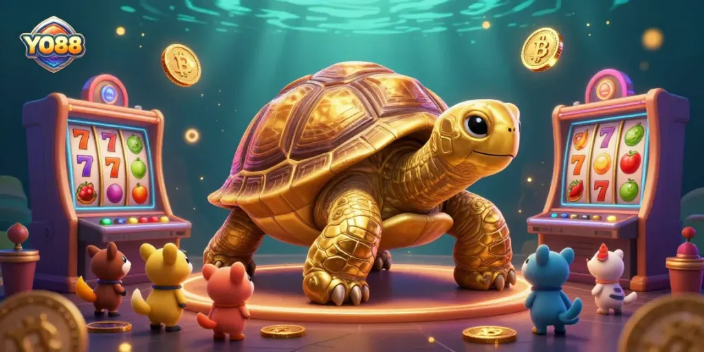 Engage in thrilling gameplay at YO88 featuring a golden tortoise pinball machine surrounded by vibrant slot elements.