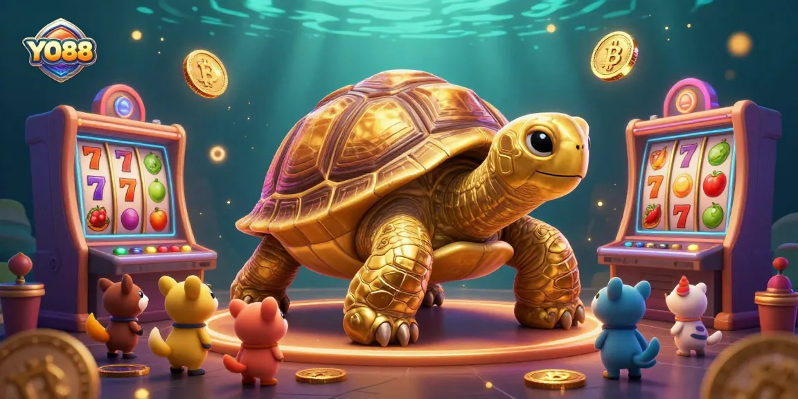 Engage in thrilling gameplay at YO88 featuring a golden tortoise pinball machine surrounded by vibrant slot elements.