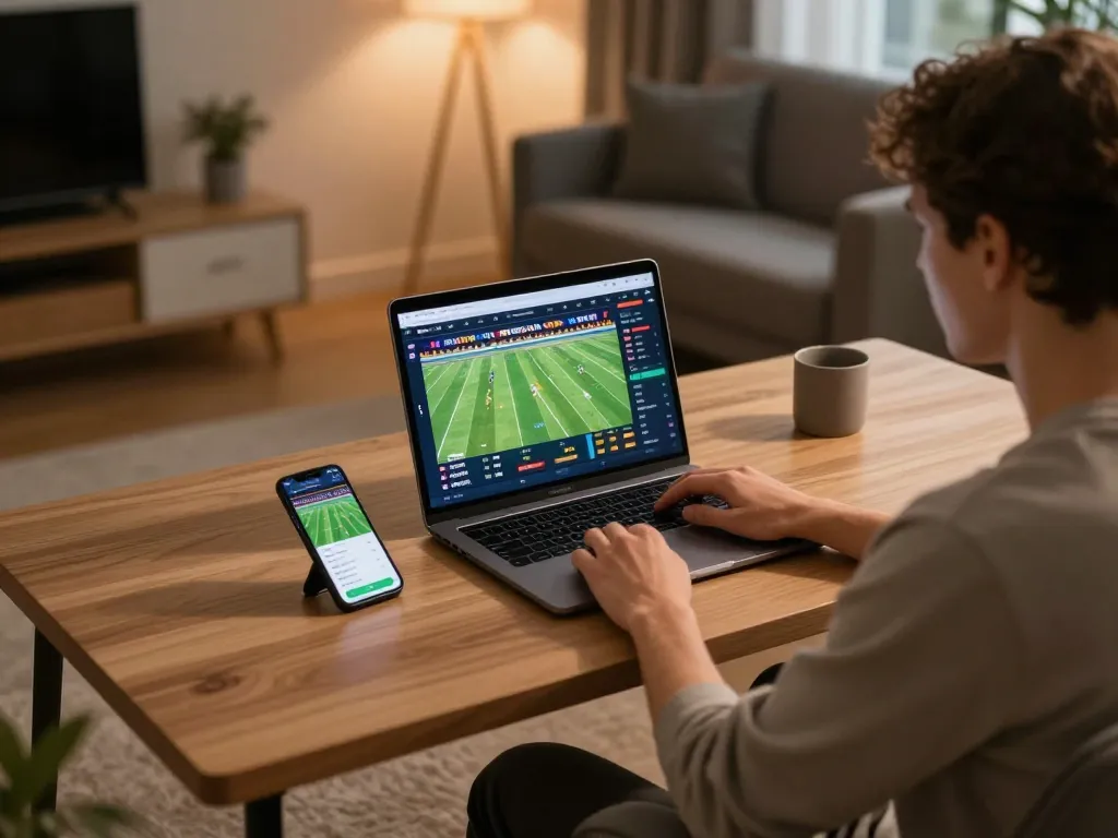 Person using nowgoal for live sports betting in a cozy home office setting