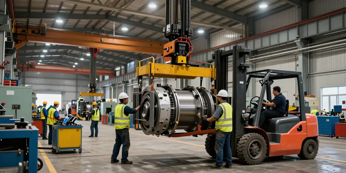 Machinery Movers lifting heavy equipment using cranes and forklifts in an industrial setting.