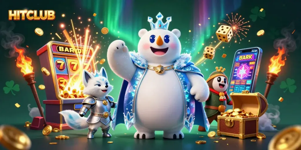 Experience the excitement of HITCLUB with a cartoon polar bear, dynamic slot machines, and rich casino elements.