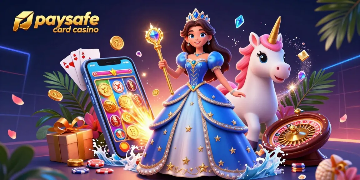 Erleben Sie die aufregende Paysafe Card Casino-Erfahrung mit einer glamourösen Szene, die eine königlich gekleidete Frau und ein magisches Einhorn inmitten lebhafter Spielelemente zeigt.
