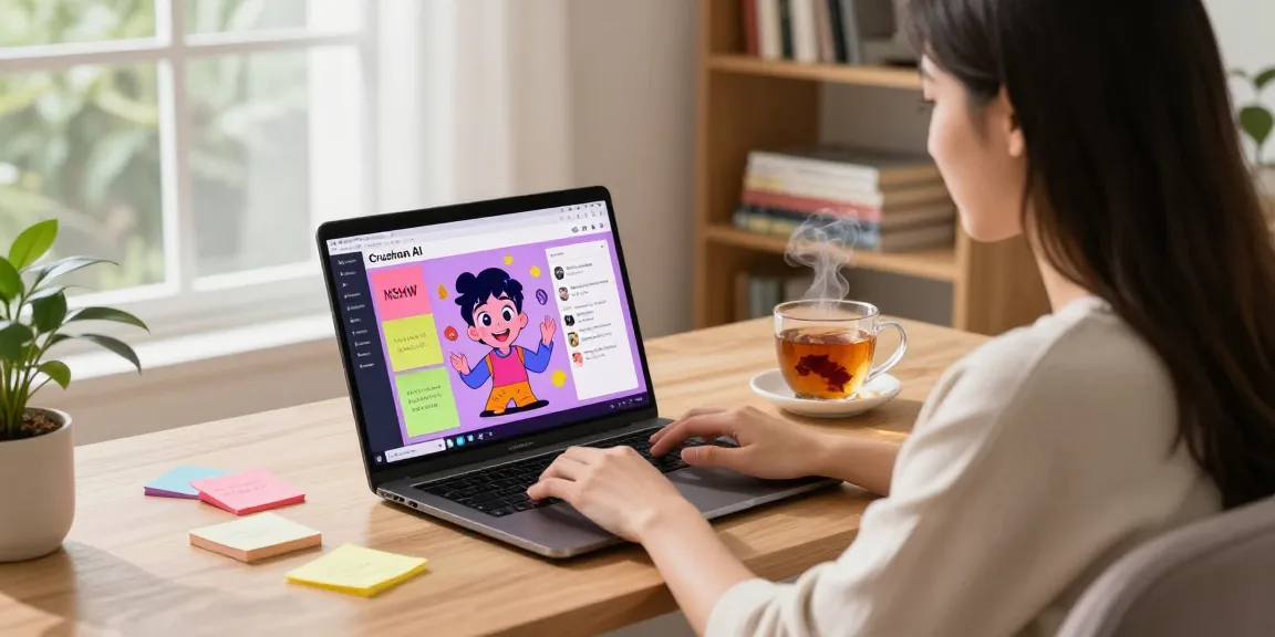 Interactive NSFW AI experience in a cozy home office setting showcasing a vibrant character interface.