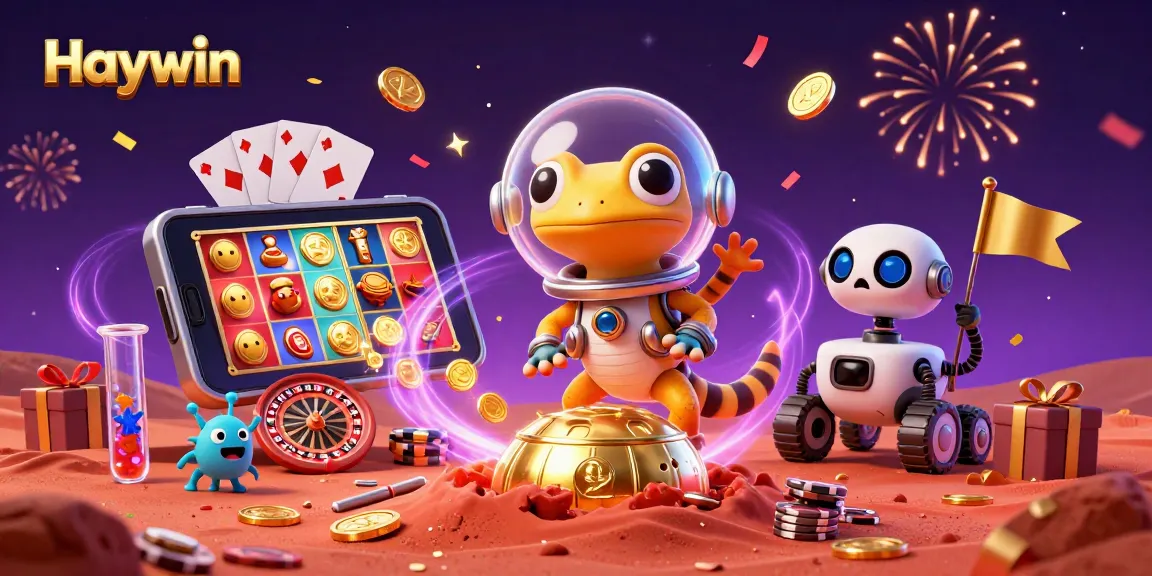 Join the Martian gecko in celebrating wins at Haywin, a golden casino in space!