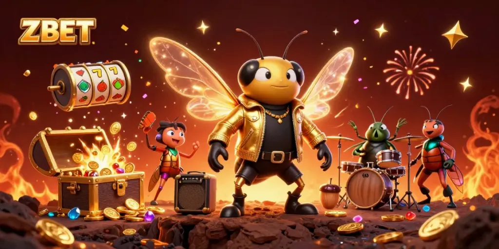 ZBET logo shines as a vibrant 3D scene showcases a rock star cicada and casino elements for fans of online gambling.