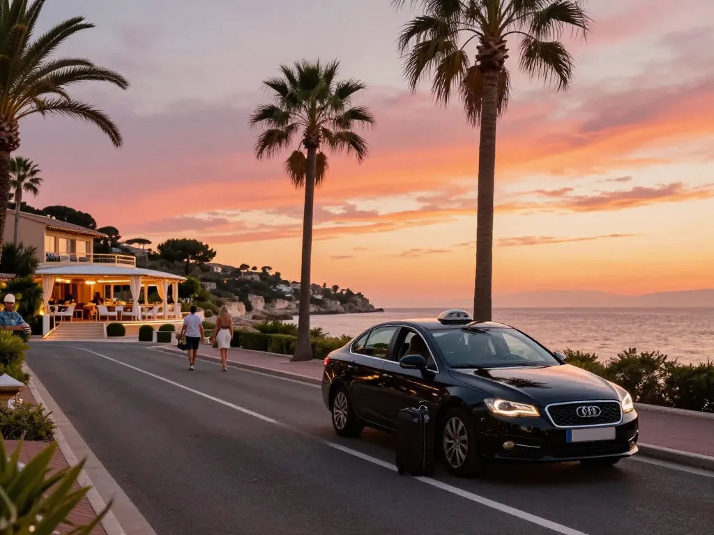 Taxis Saint Tropez attendant sur la route côtière pittoresque avec vue sur le coucher de soleil, mettant en avant le voyage de luxe