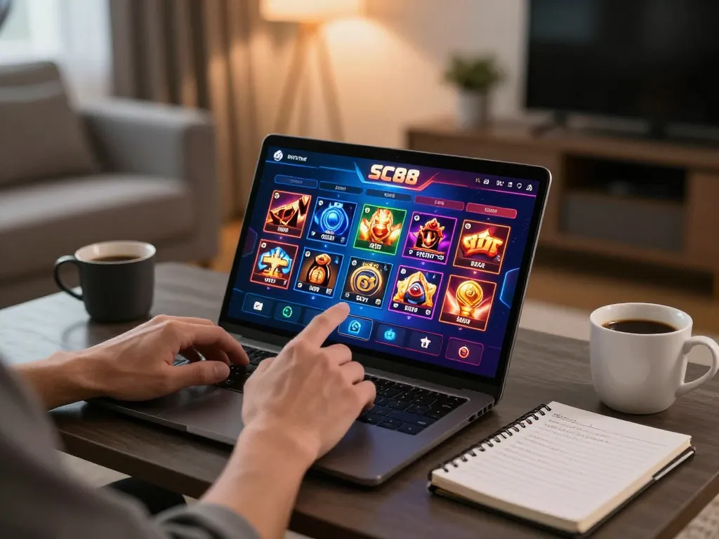 Engaging with the SC88 mobile app, showcasing online casino thrills from a cozy home