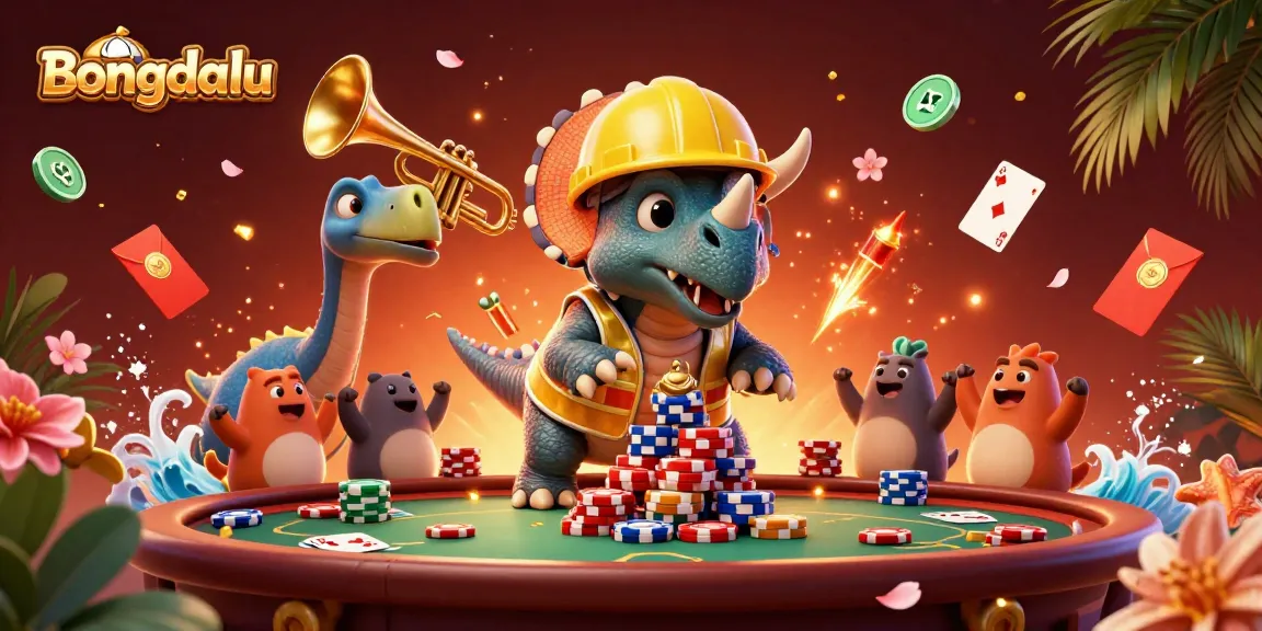 Bongdalu enhances your betting excitement with a vivid 3D scene of cartoon dinosaurs celebrating gaming wins.