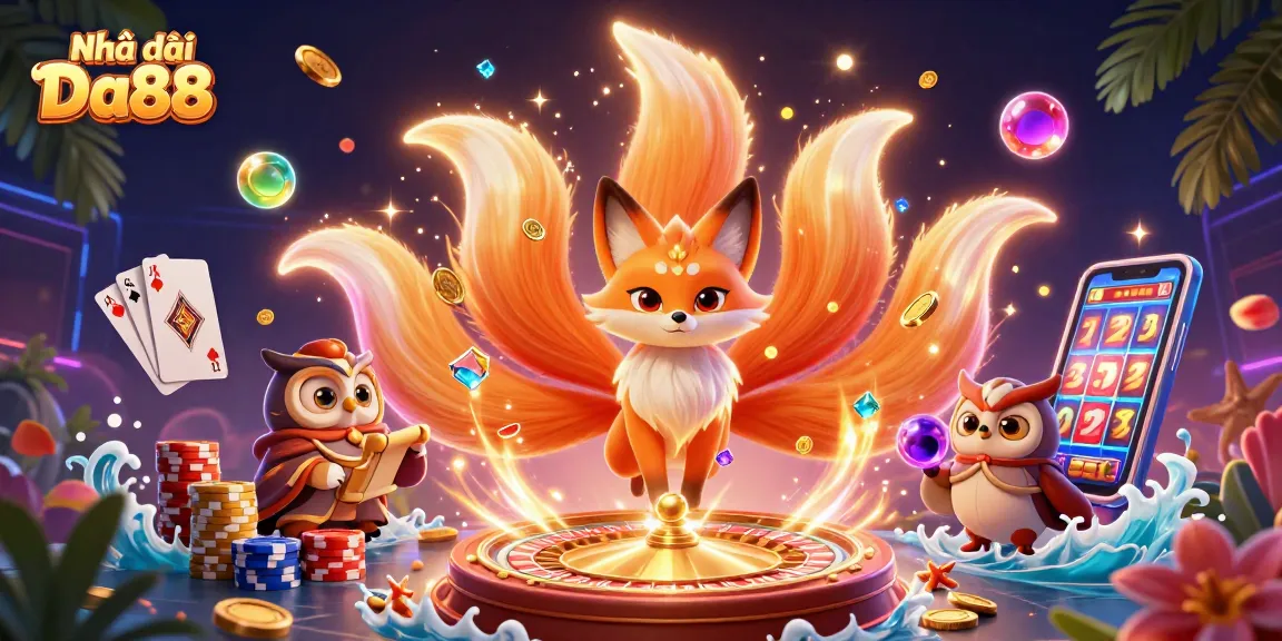 Enhance your gaming experience with Nhà cái Da88 showcasing a vibrant illustration of a nine-tailed fox and owl amid casino elements.