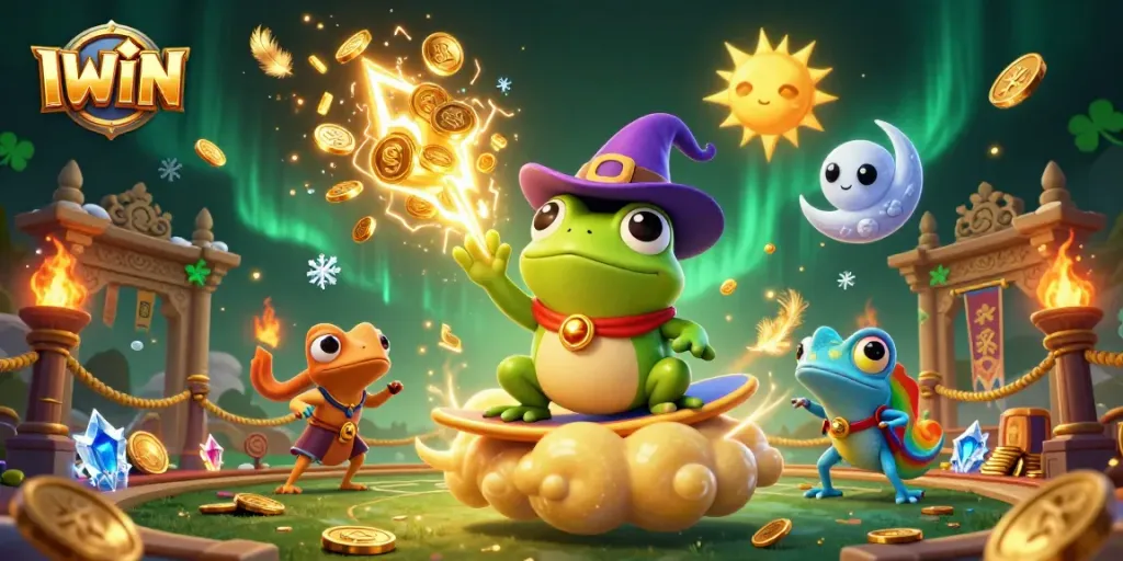IWIN casino scene featuring a wizard frog conjuring golden coins surrounded by vibrant gaming elements and characters