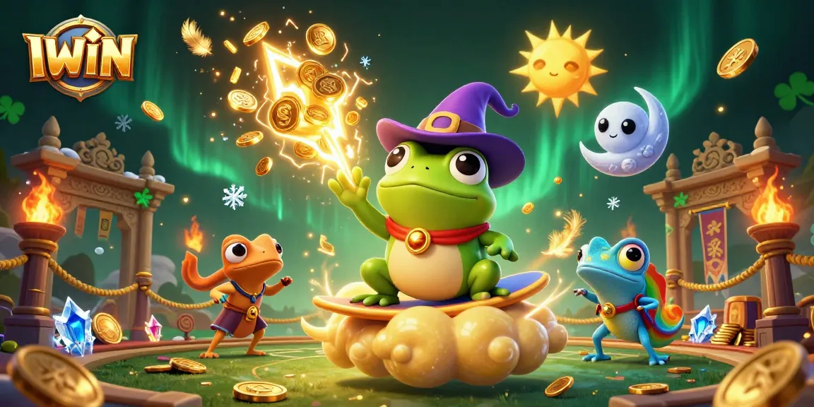 IWIN casino scene featuring a wizard frog conjuring golden coins surrounded by vibrant gaming elements and characters