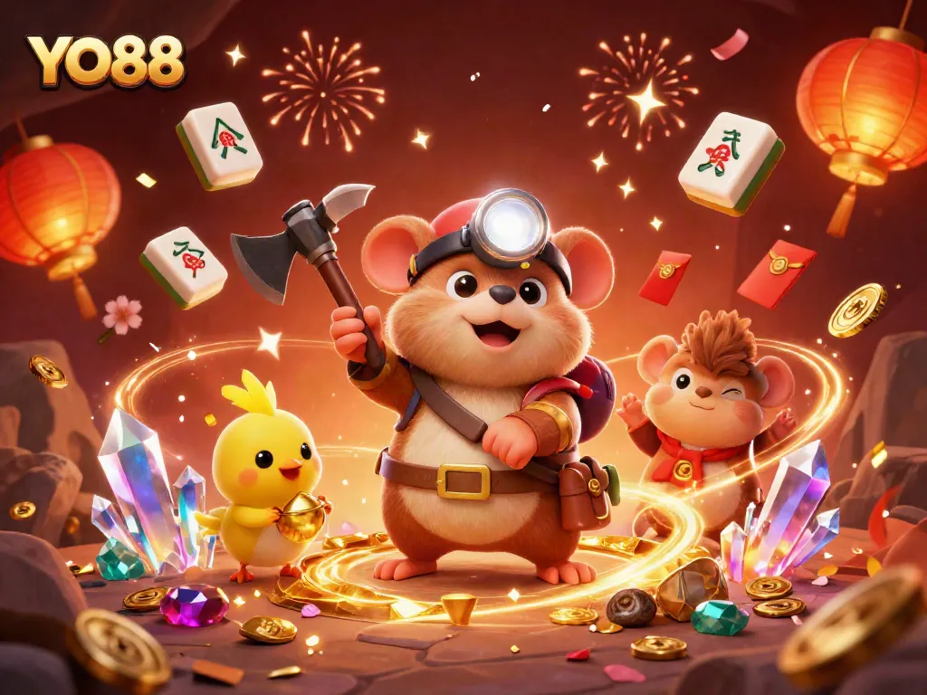 Engage with the thrilling world of YO88 while mining treasures with a cartoon mole and canary in a vibrant casino setting.