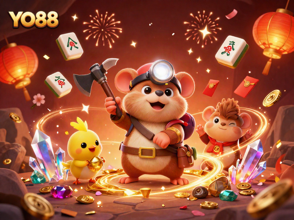 Engage with the thrilling world of YO88 while mining treasures with a cartoon mole and canary in a vibrant casino setting.