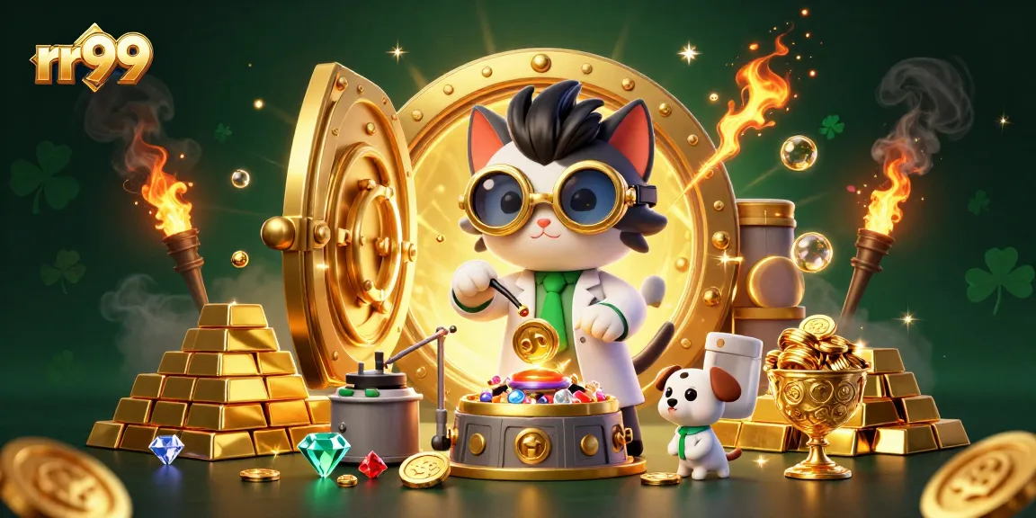 Win big with rr99 in an exciting casino lab scene filled with gold and treasures