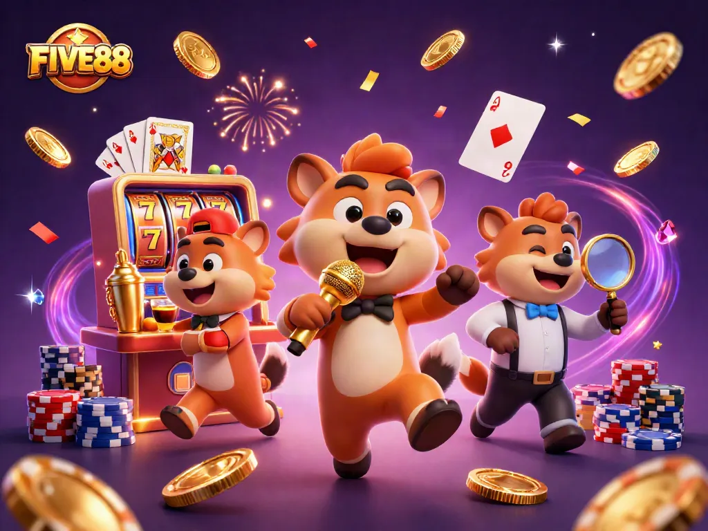 Experience FUN and THRILLS at FIVE88 casino with lively hyena characters and dynamic game elements in a vibrant scene.