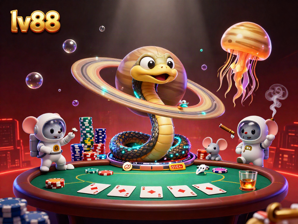 Experience the vibrant gaming scene at lv88 with cosmic characters and poker elements.