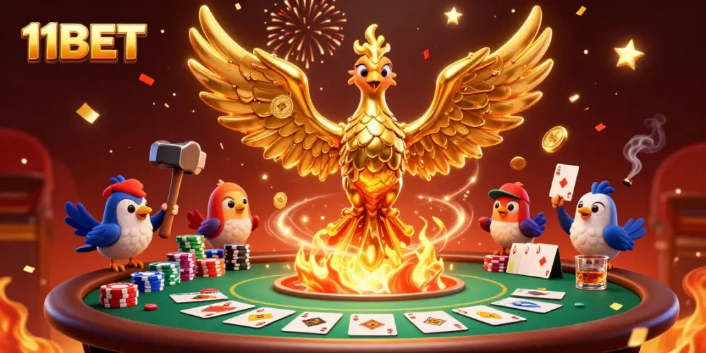 Experience thrilling casino action with 11BET's vibrant golden phoenix illustration.