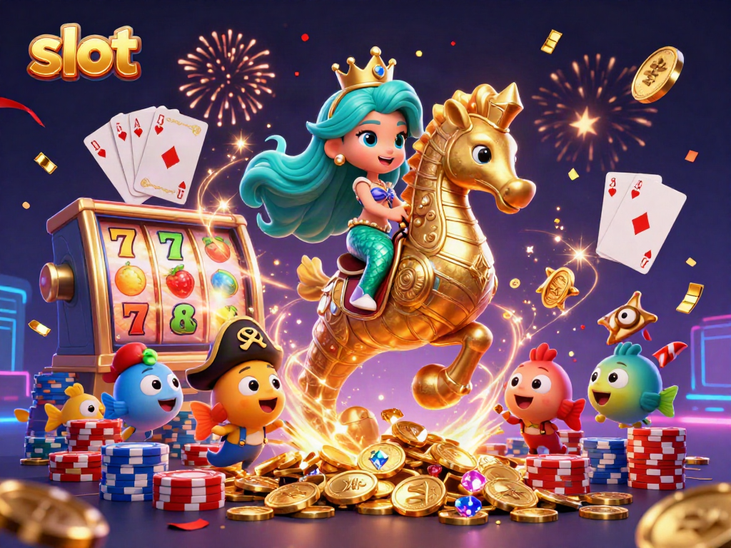 Spin the vibrant slot reels in a dynamic casino scene with mermaid and seahorse characters.