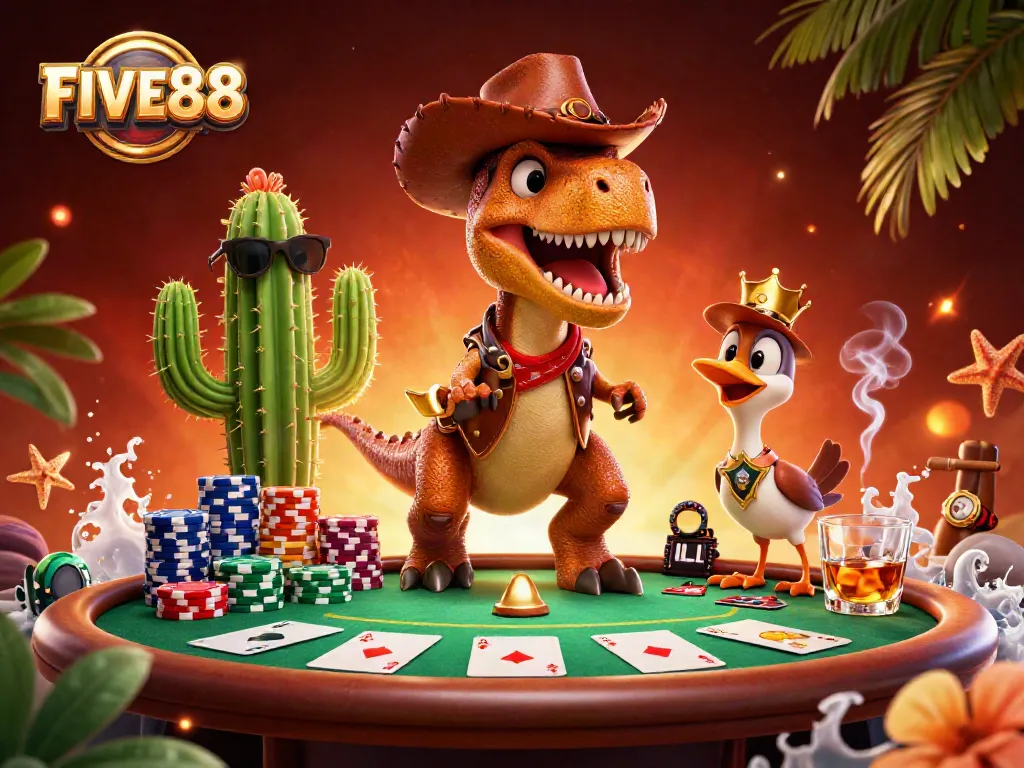 Experience exciting gameplay at FIVE88 with colorful poker tables and dynamic 3D characters.