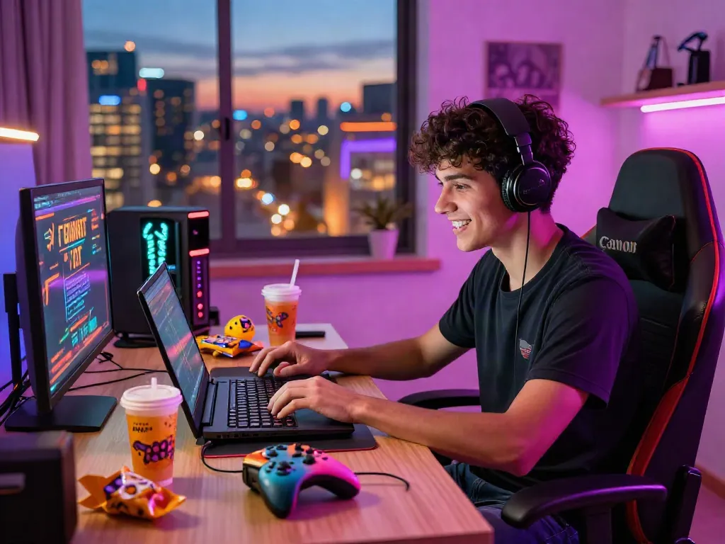 Exciting online betting workspace featuring a gamer at a laptop, vibrant cityscape, reflecting the essence of https://fc88v1.com/ and gaming.