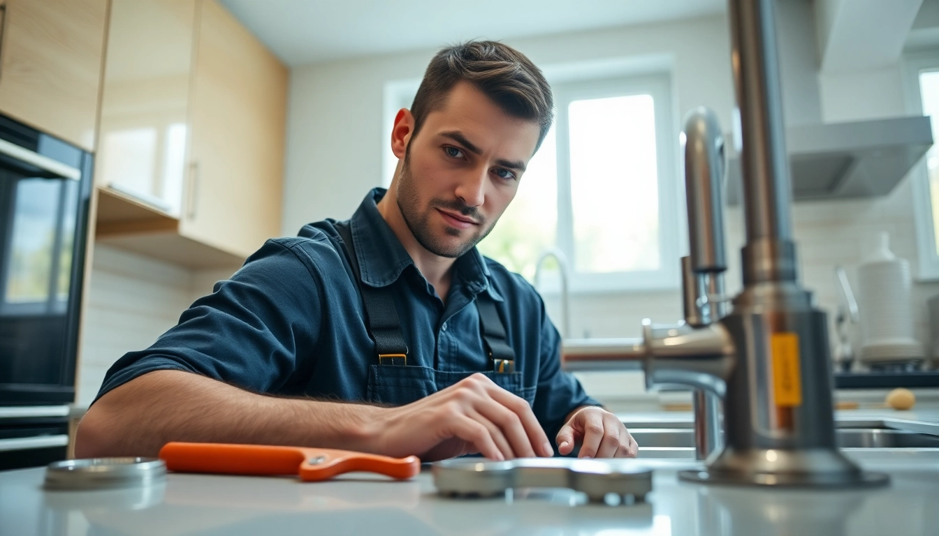 Skilled plumber north shore working in a bright, modern kitchen.